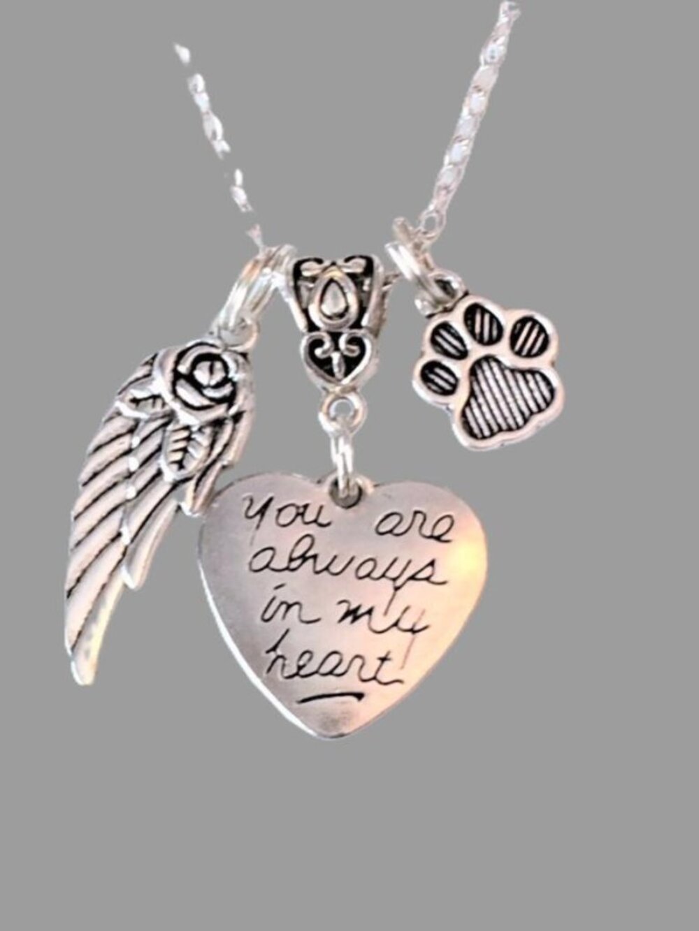 Handmade Pet Loss Memorial Necklace Stainless Steel Chain Dog Cat Angel Wing Paw